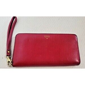 Fossil Sydney Large Pink Leather Zip Around Clutch Wallet Wristlet